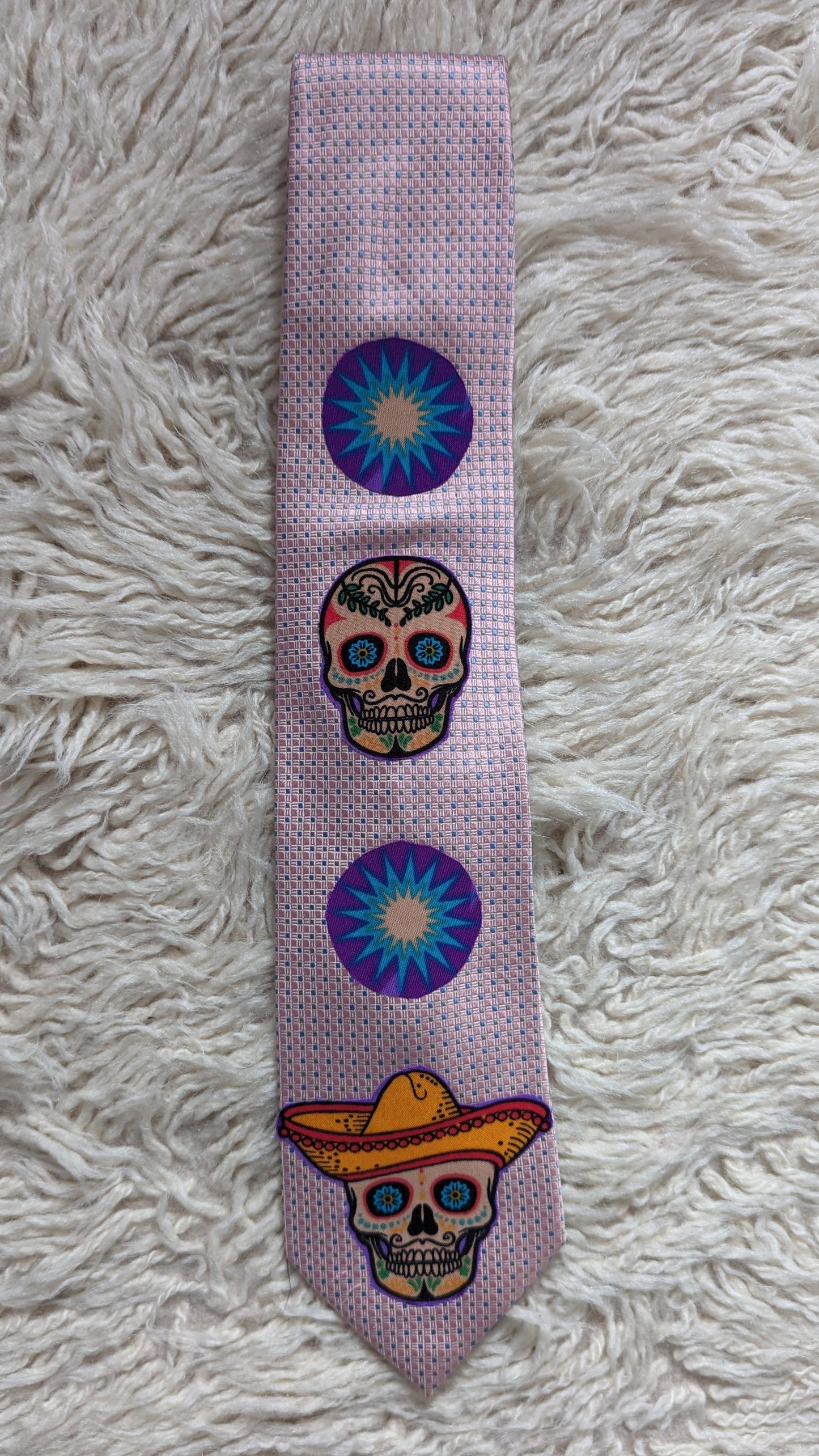 Tie - Mexican Skulls on pink OOAK